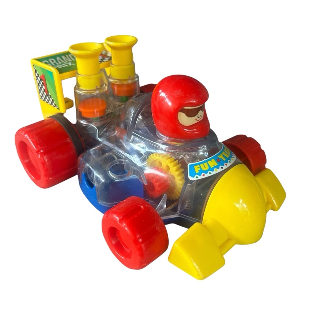 Vintage Grand prix wind up clear race car moving parts cogs fun years 90s y2k